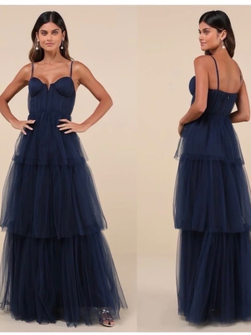 NWOT Lulus Unforgettable Poise Navy Blue Tulle Bustier Tiered Maxi Dress XS
